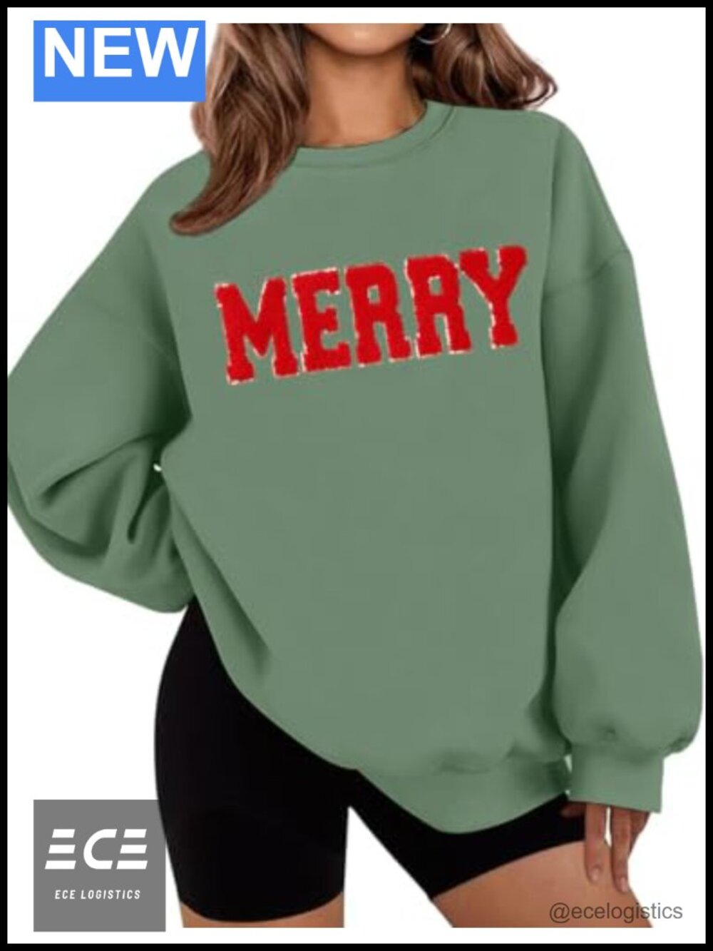 Oversized Chenille Patch Sequin Crewneck Sweatshirt Pullover